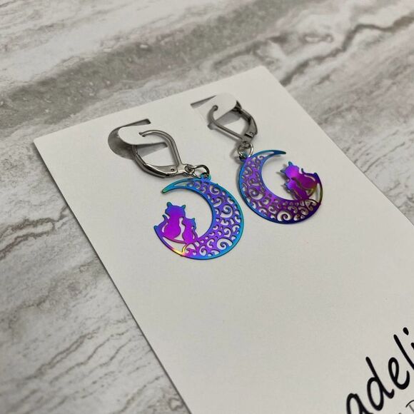 Anadeliss Handmade Crescent Moon Cats Rainbow Steel Etched Earrings Halloween - Picture 3 of 9